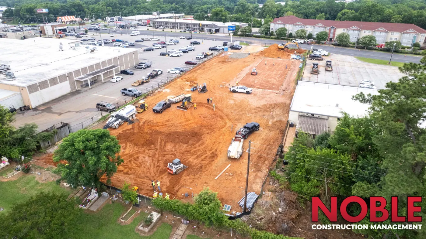 Aerial view of a Noble Construction Management ground-up jobsite during site work